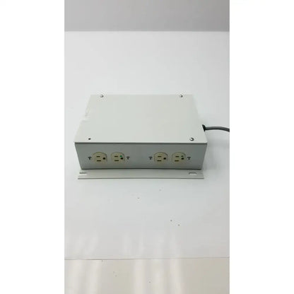 Gray metal isolation transformer offset controller with four electrical outlets and black cord part no 11970-0000-01