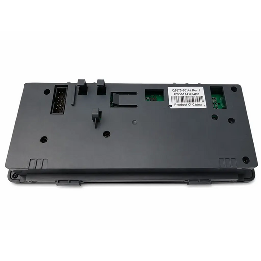 Black plastic patient monitor display control panel module with green circuit boards and white label q6675-60143 rev back side