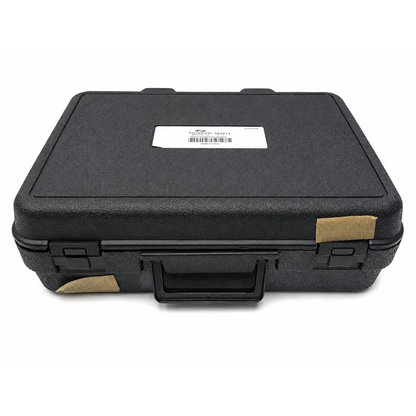Black textured hard-shell case with tan fabric straps and white label for biomed certified jamar plus digital dynamometer