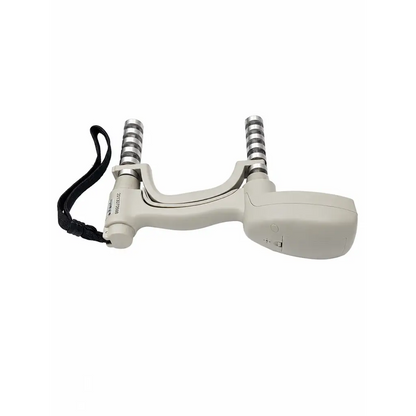 Beige plastic hand grip exerciser with silver striped handles and black wrist strap for biomed certified jamar plus digital dynamometer use