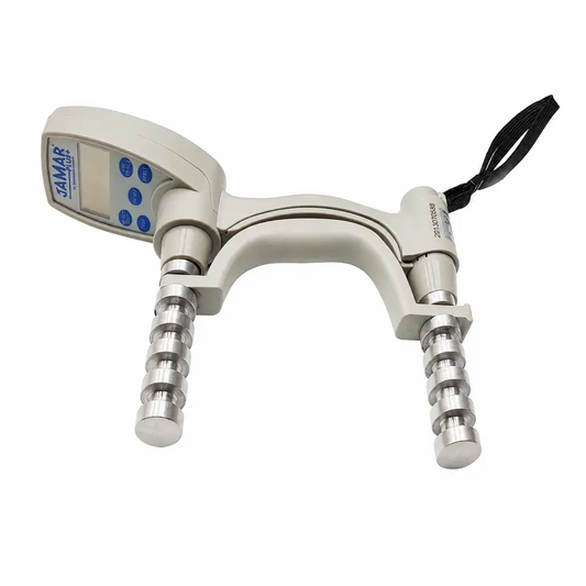 Beige and silver patterson medical jamar plus digital dynamometer with adjustable resistance rings and case