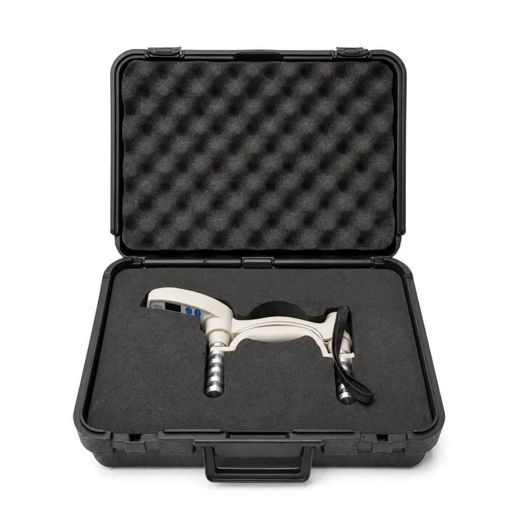 White and black medical otoscope with textured grip silver shafts and blue buttons in biomed certified jamar plus digital case