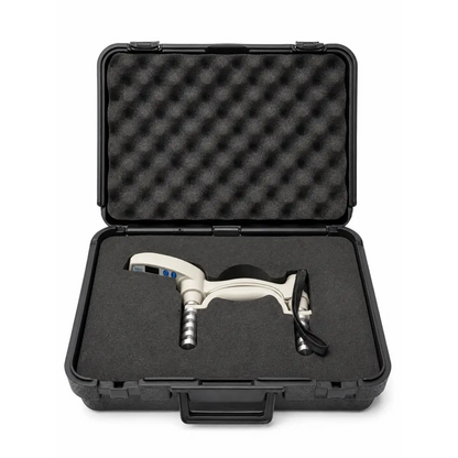 White and black medical otoscope with textured grip silver shafts and blue buttons in biomed certified jamar plus digital case