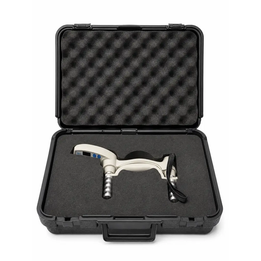 White and black medical otoscope with textured grip silver shafts and blue buttons in jamar plus digital case