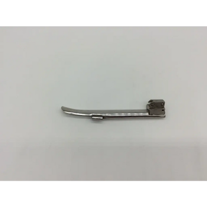 Silver penlon laryngoscope blade mil 2 with curved polished metal tip and rectangular handle attachment