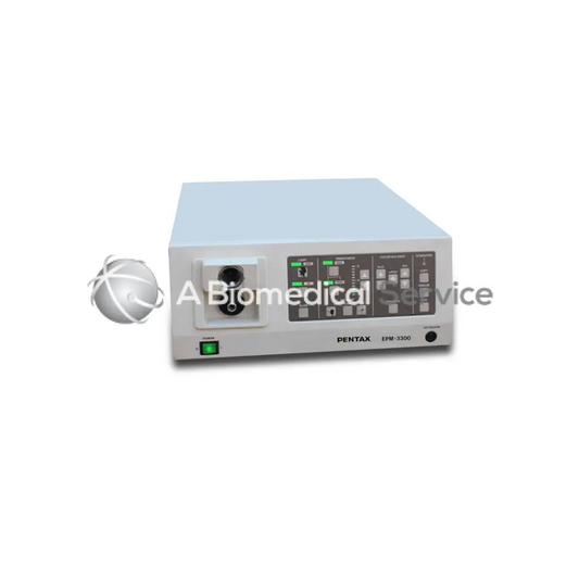 Pentax epm-3300 video processor with light gray rectangular body and control panel featuring green indicator lights for biomedical service