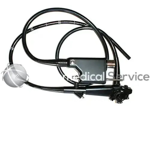 Black flexible endoscope pentax es-3801 with sleek articulated control handle and metallic connectors shown from back side