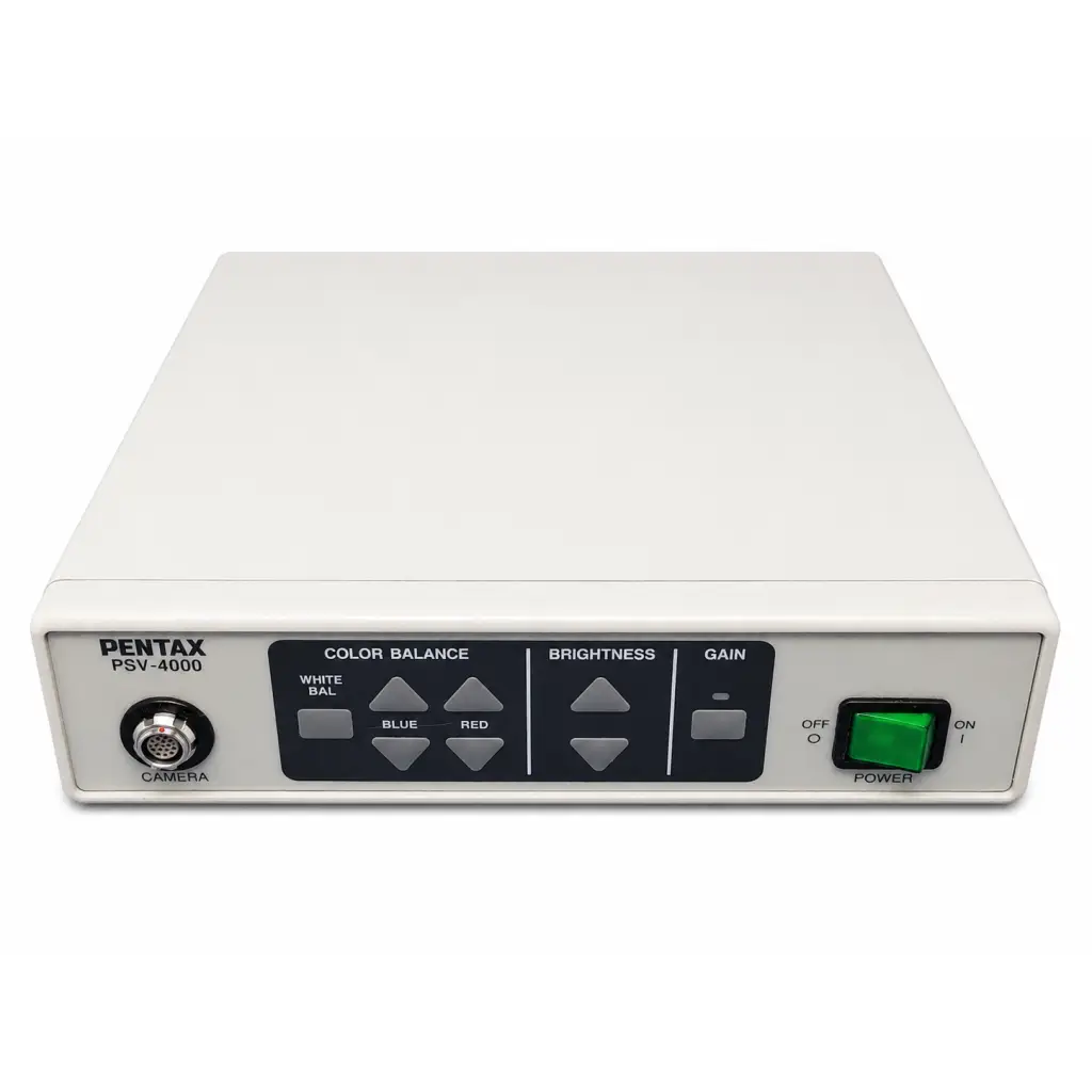 White rectangular pentax psv-4000 biomed certified medical video processor with black panel gray buttons and green power switch