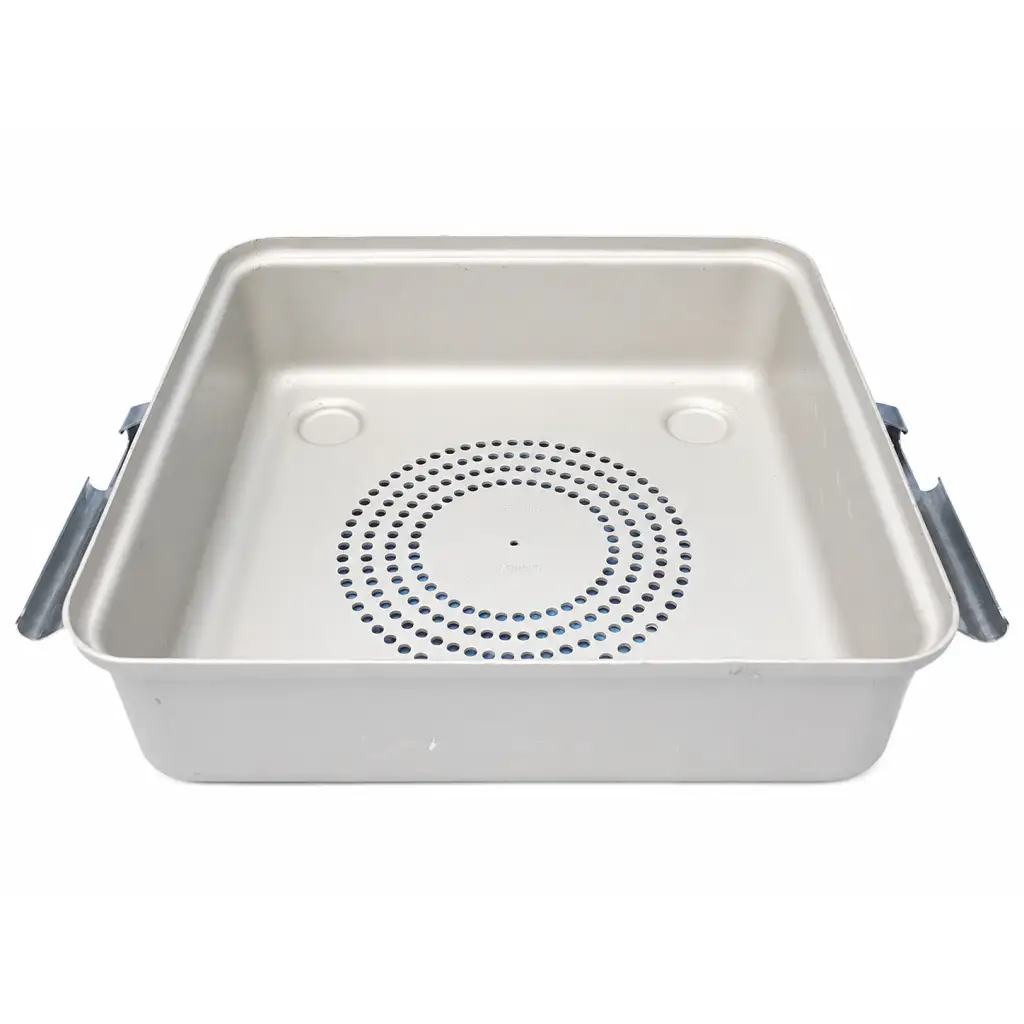 Silver rectangular perforated sterilization container base with circular holes and gray plastic handles for medical use
