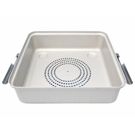 Silver rectangular perforated sterilization container base with circular holes and gray plastic handles for medical use