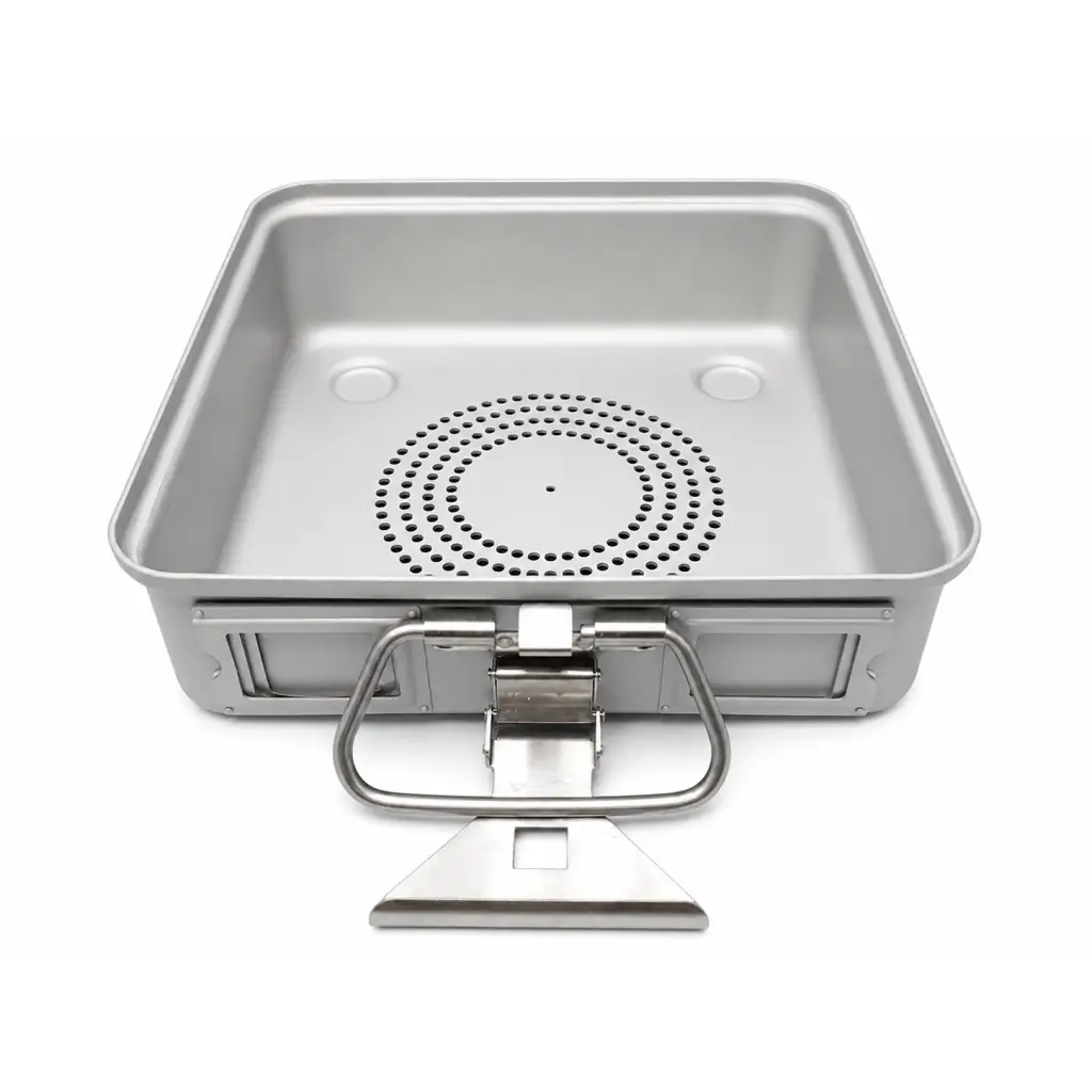 Silver stainless steel sterilization container base with circular perforated pattern and sturdy handles for easy carrying