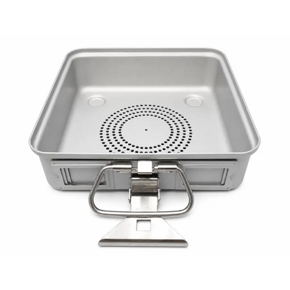Silver stainless steel sterilization container base with circular perforated pattern and sturdy handles for easy carrying