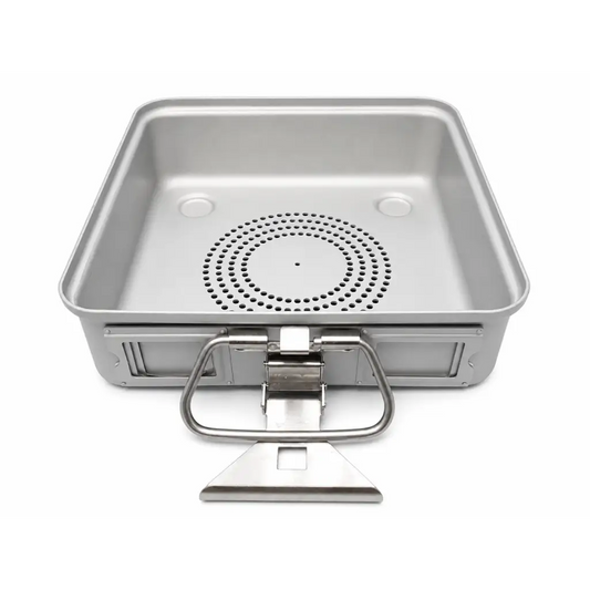 Silver stainless steel sterilization container base with circular perforated pattern and sturdy handles for easy carrying