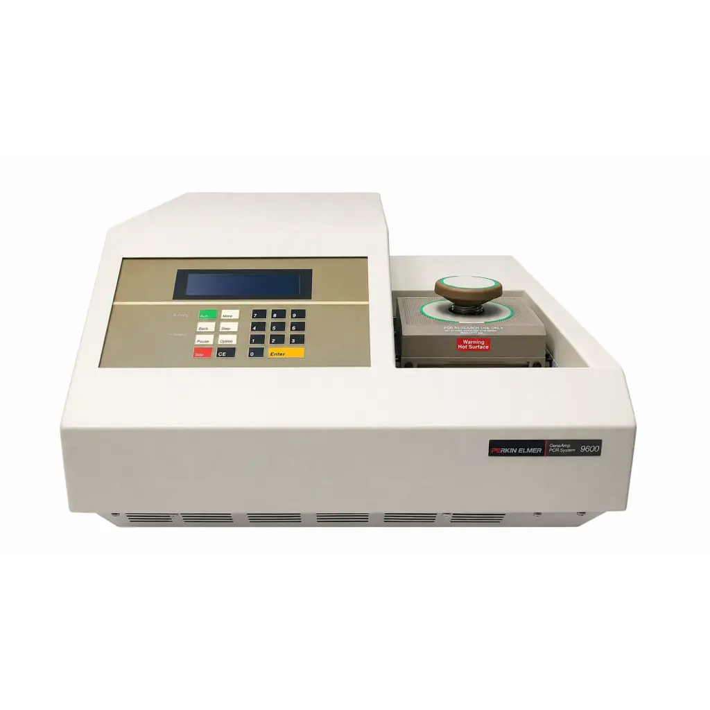White perkin elmer 9000 series ftir spectrometer with beige control panel and circular sample stage for biomed certified geneamp pcr