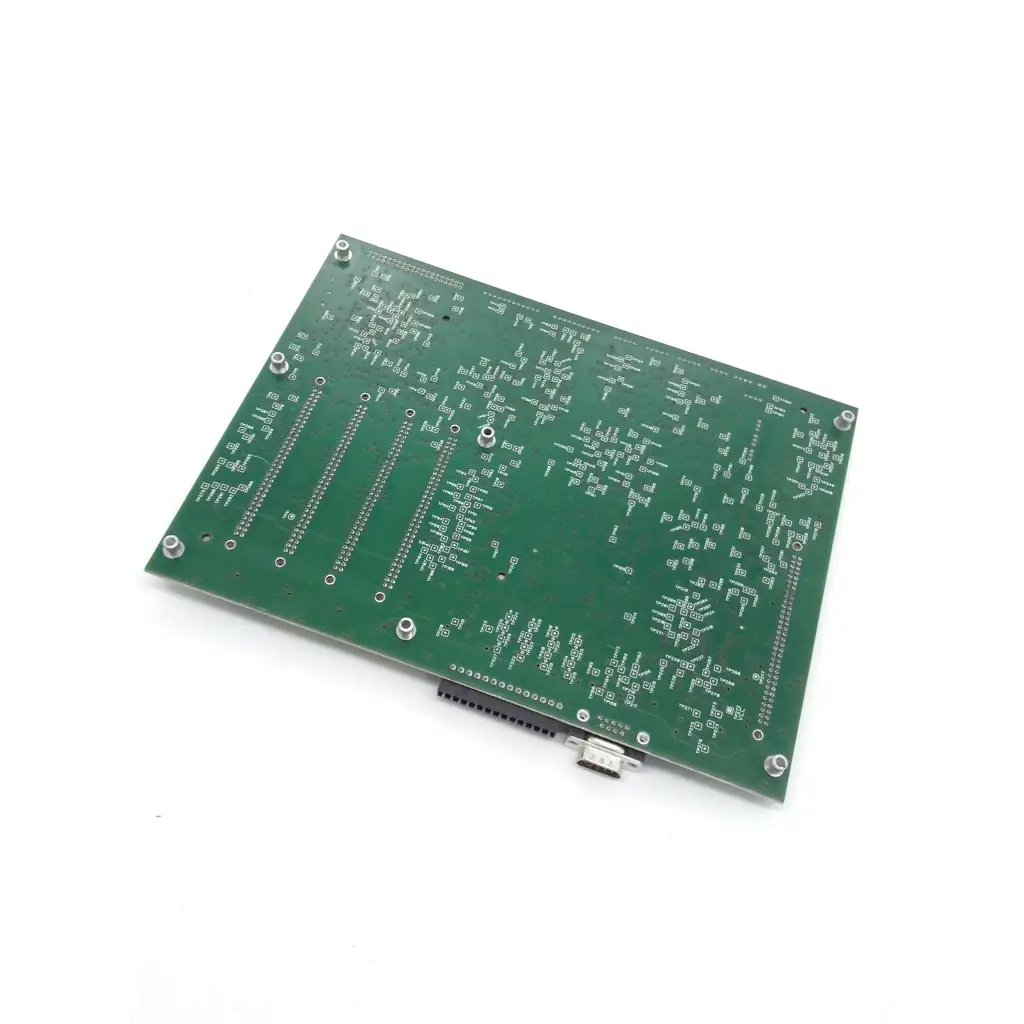 Green rectangular printed circuit board with silver soldered components and usb connector for biomedical service replacement parts