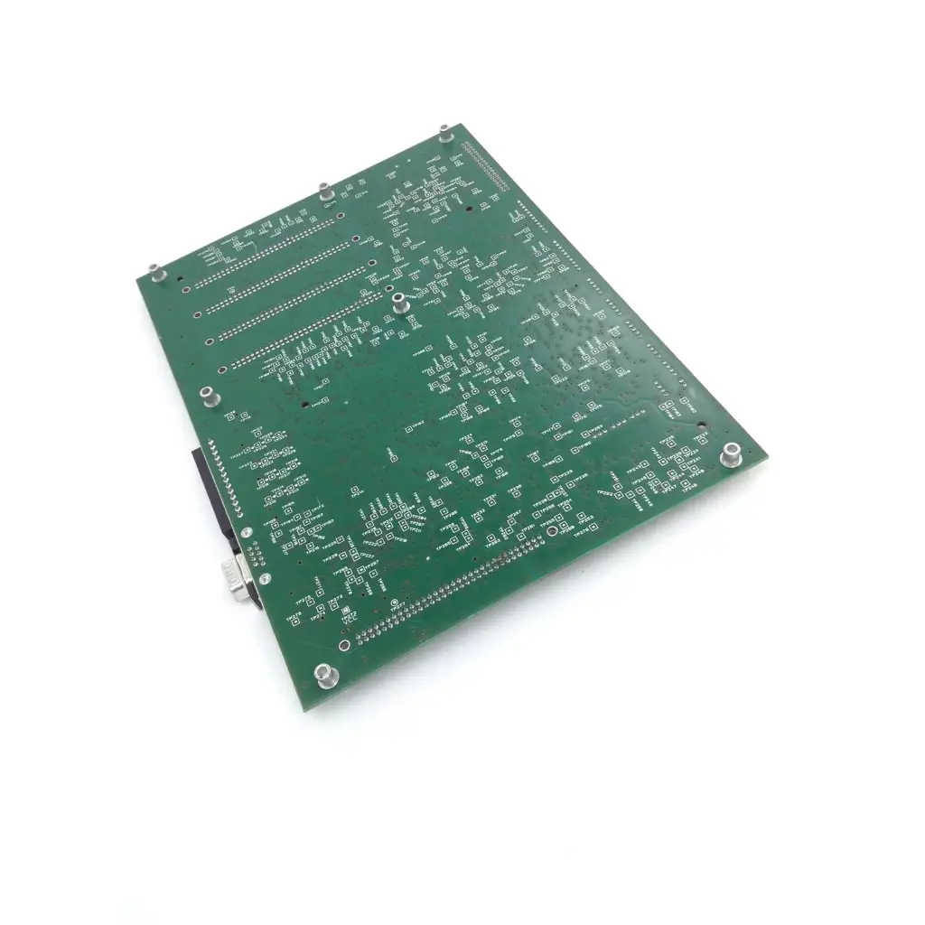Green rectangular PerkinElmer PCB M0410330 with silver soldered traces and holes for biomedical service replacement parts
