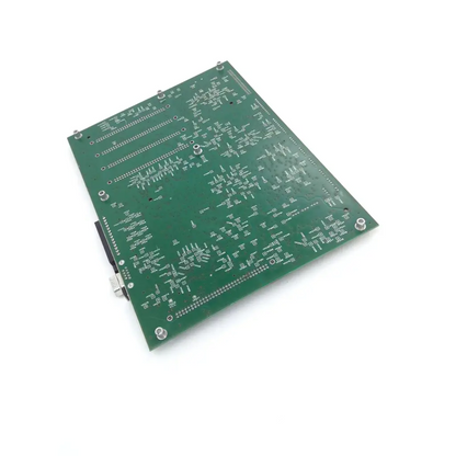 Green rectangular PerkinElmer PCB M0410330 with silver soldered traces and holes for biomedical service replacement parts