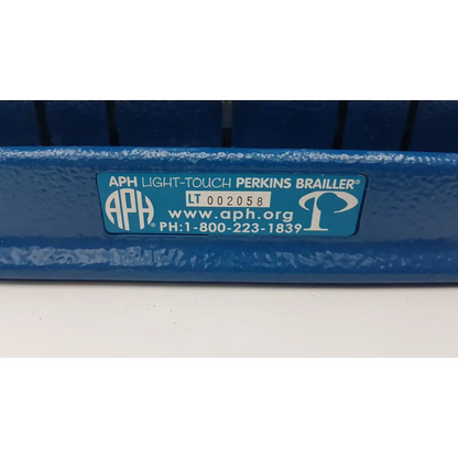Blue painted metal frame perkins brailler aph light-touch brailler with teal label model lt002058