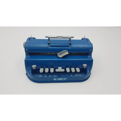 Blue metal perkins brailler aph light-touch with white keys and silver handle for braille writing use