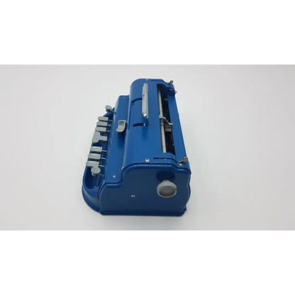 Blue metal perkins brailler aph with silver sliding beads and adjustment knobs for light-touch braille typing