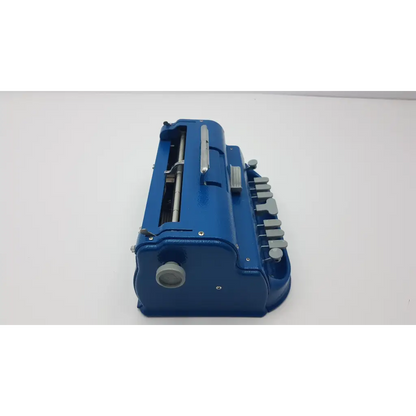 Blue mechanical adding machine with silver levers and knobs from perkins brailler aph light-touch lt002058 model