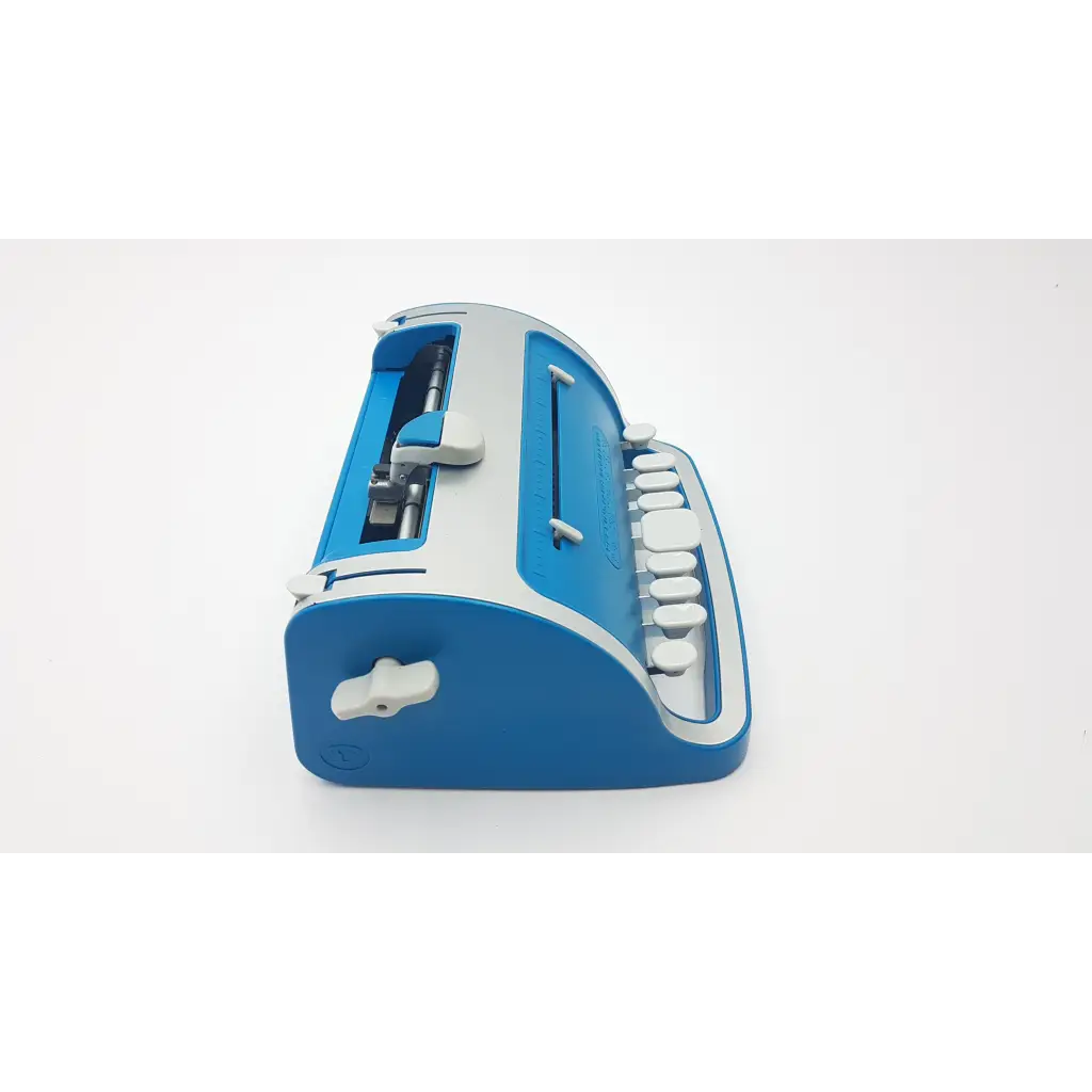Blue and gray handheld typewriter with white keys from the perkins brailler aph next generation 010261 model