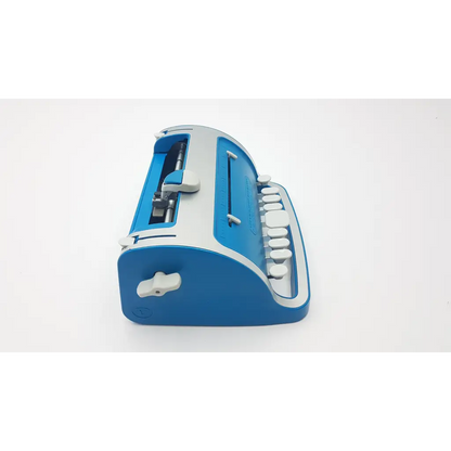 Blue and gray handheld typewriter with white keys from the perkins brailler aph next generation 010261 model