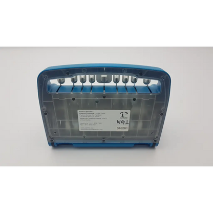 Blue plastic perkins brailler aph device with transparent insert and metallic pins for braille writing and accessibility