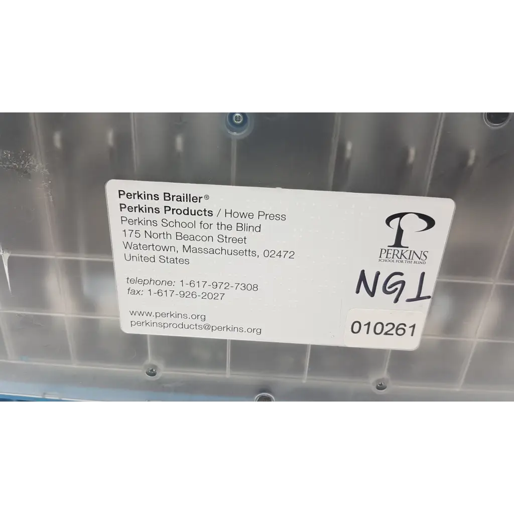 White label with black text and logo on clear plastic container for perkins brailler aph next generation 010261 product