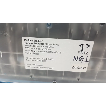 White label with black text and logo on clear plastic container for perkins brailler aph next generation 010261 product