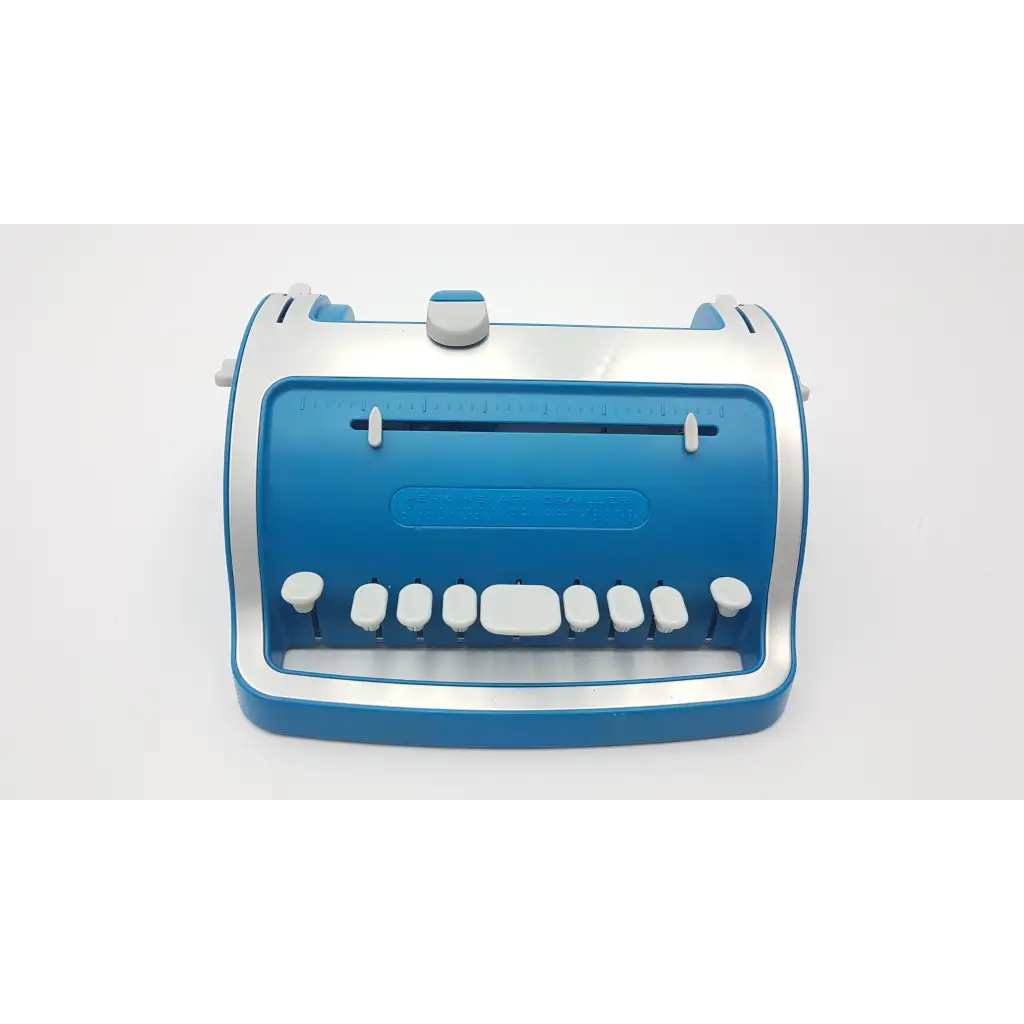 Blue and silver plastic desktop puncher with white keycaps for perkins brailler aph next generation 010261 brailler aph