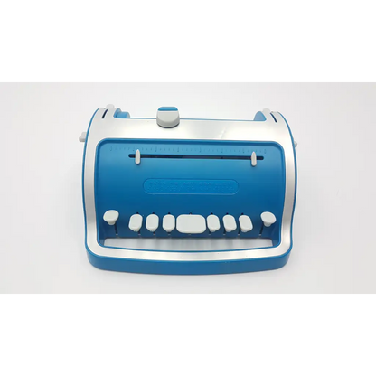 Blue and silver plastic desktop puncher with white keycaps for perkins brailler aph next generation 010261 brailler aph