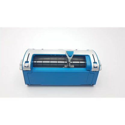 Blue and silver handheld paper cutter with transparent cutting window for precise cutting in perkins brailler aph use