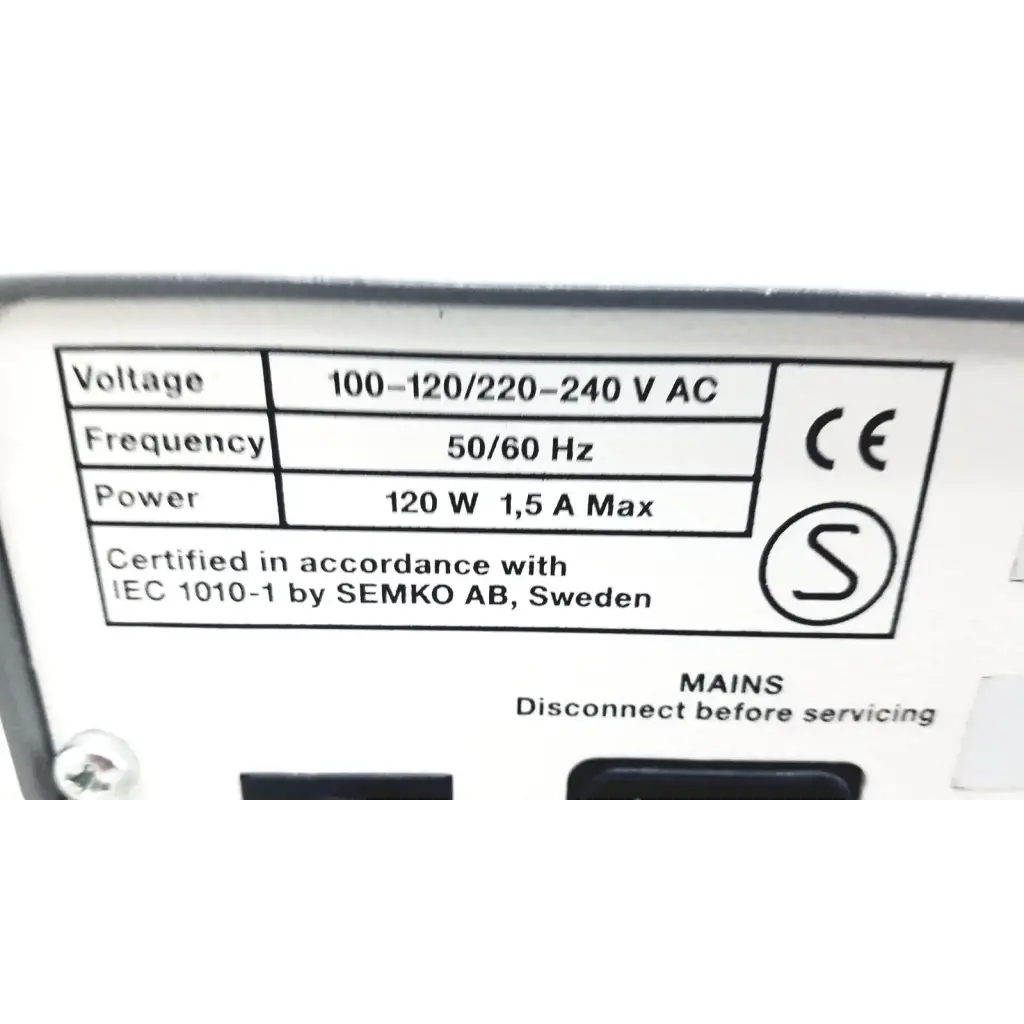White label with electrical specifications on the back of pharmacia biotech electrophoresiis power supply eps 300 device