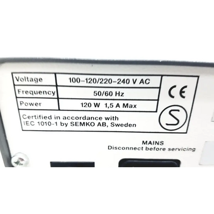 White label with electrical specifications on the back of pharmacia biotech electrophoresiis power supply eps 300 device