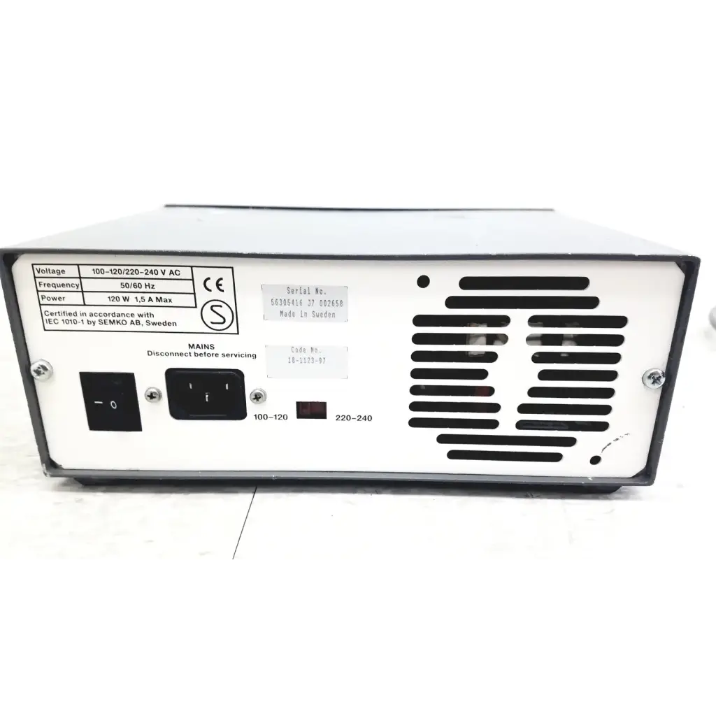 Black and white pharmacia biotech electrophoresiis power supply eps 300 with ventilation slits made in sweden and ce marks