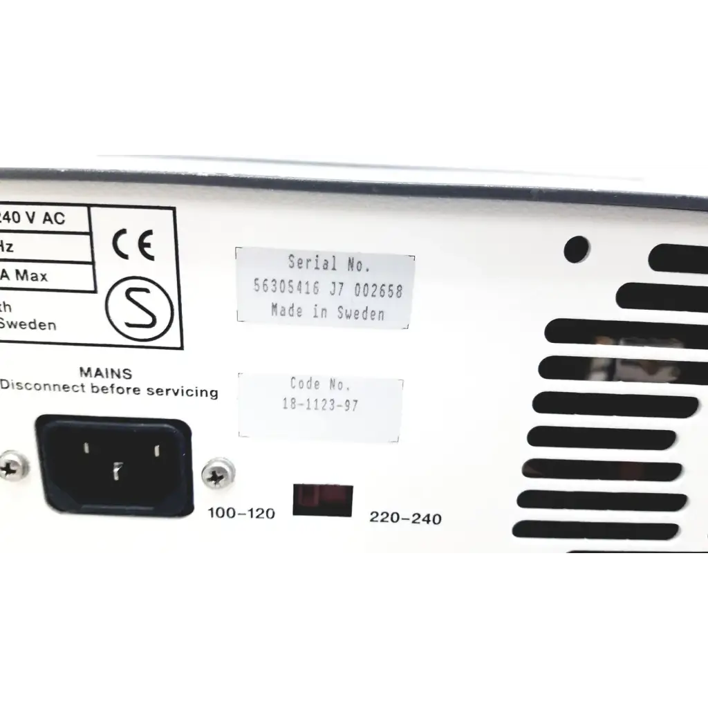 White pharmacia biotech electrophoresiis power supply eps 300 with black power input and ventilation slats back side view