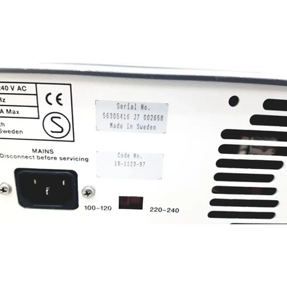 White pharmacia biotech electrophoresiis power supply eps 300 with black power input and ventilation slats back side view