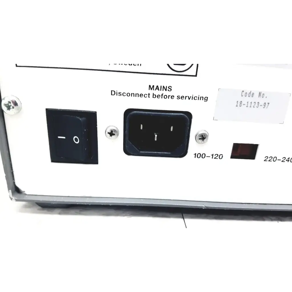 Rear panel of white pharmacia biotech electrophoresiis power supply eps 300 with black power switch and voltage indicators
