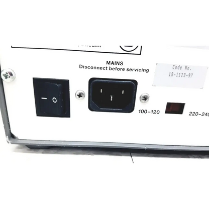 Rear panel of white pharmacia biotech electrophoresiis power supply eps 300 with black power switch and voltage indicators