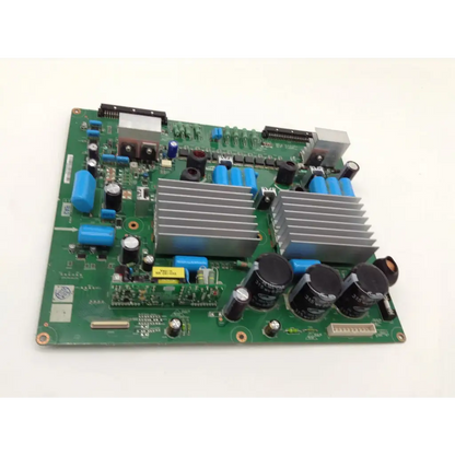 Philips 50pf9731d main board featuring green circuit board with blue capacitors black components and silver heat sinks