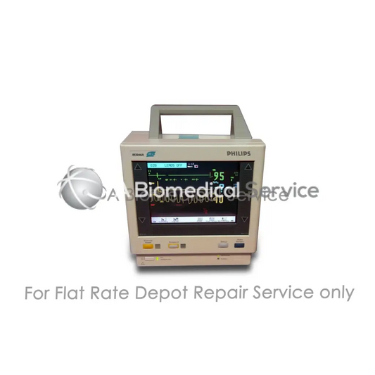 Beige philips agilent viridia m3 medical equipment monitor with handle displaying ecg vital signs for flat-rate repair service