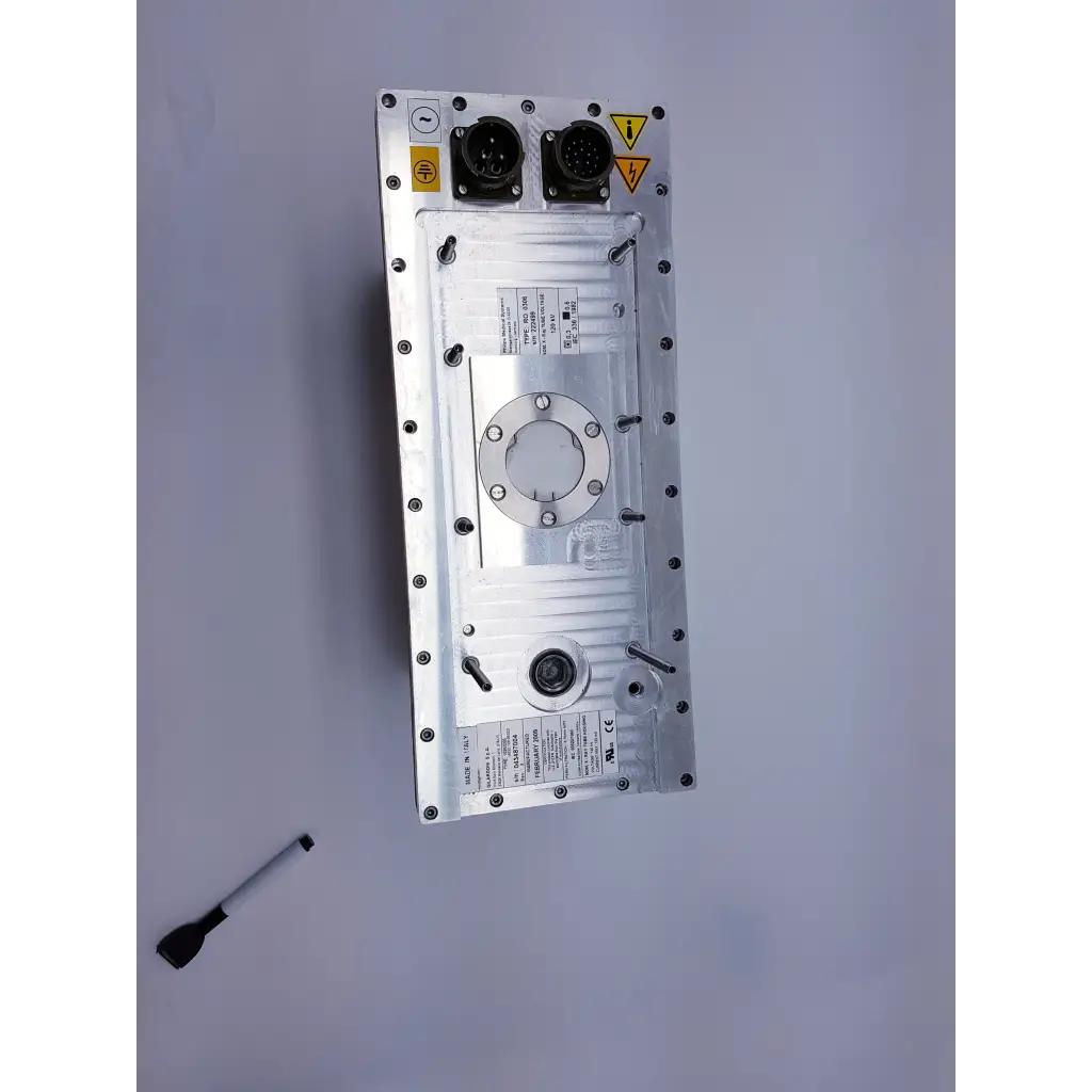 Silver metallic philips bv pulsera industrial control module with two black circular connectors and warning labels backside