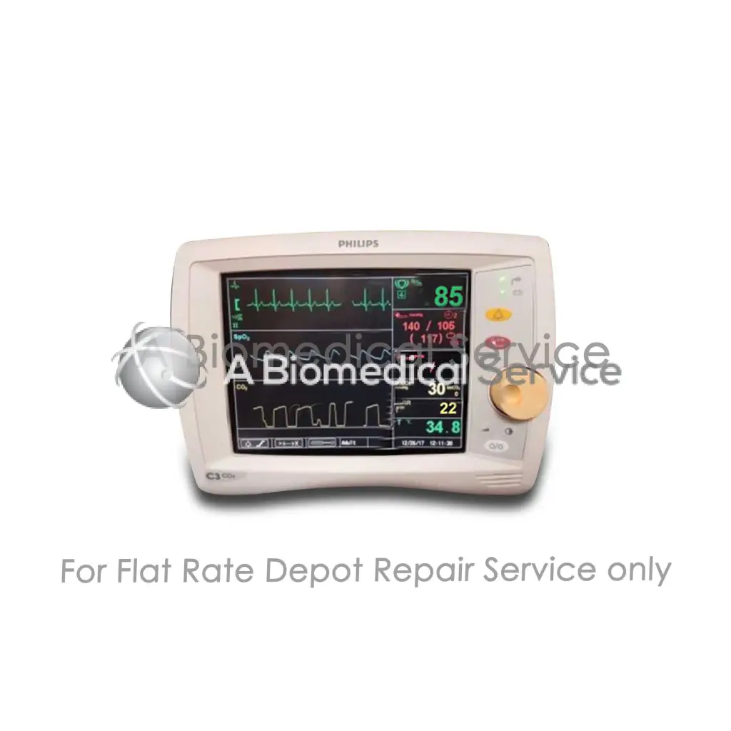 Beige philips c3 vital signs monitor repair service showing medical equipment with colored digital readouts and waveforms