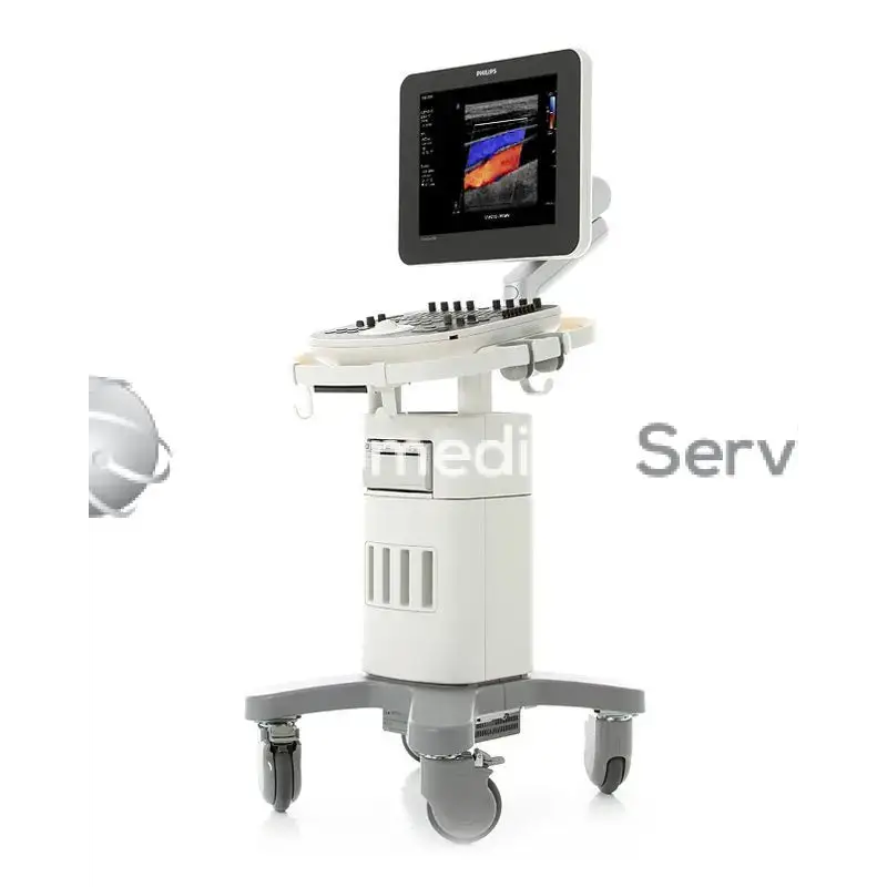 White Philips ClearVue 550 ultrasound machine with touchscreen display showing medical imaging for diagnostic use