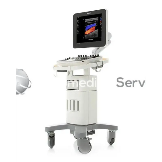White Philips ClearVue 550 ultrasound machine with touchscreen display showing medical imaging for diagnostic use