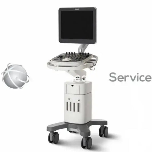 Philips ClearVue 850 ultrasound machine in silver and gray with touchscreen monitor control panel and wheeled base