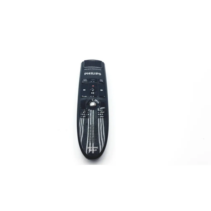 Black philips dictation precision remote control with silver accents and central navigation wheel for voice commands