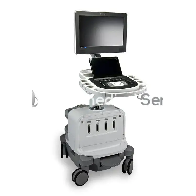 Philips EPIQ 5 gray and black mobile ultrasound machine with touchscreen monitor control panel and wheels