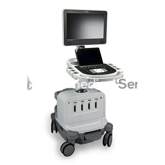 Philips EPIQ 5 gray and black mobile ultrasound machine with touchscreen monitor control panel and wheels